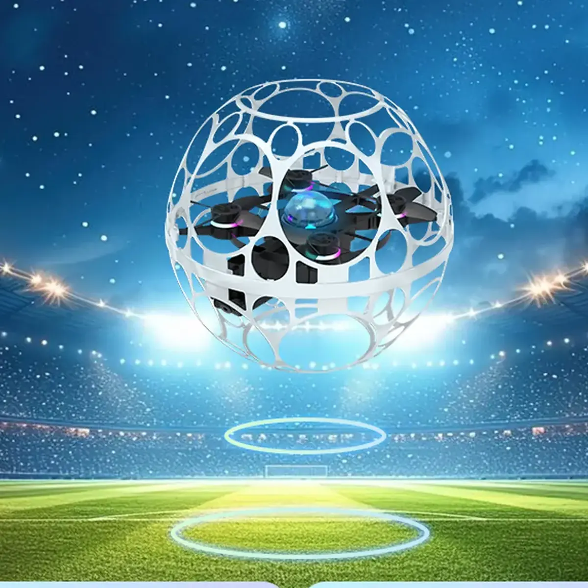 Soccer Dron Pro, lopta-dron u letu iznad osvetljenog stadiona