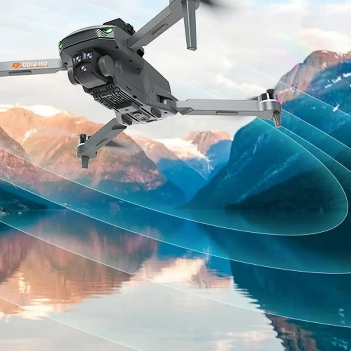 GD12 Dual HD Kamera sa LCD ekranom, dron u letu iznad planinskog jezera