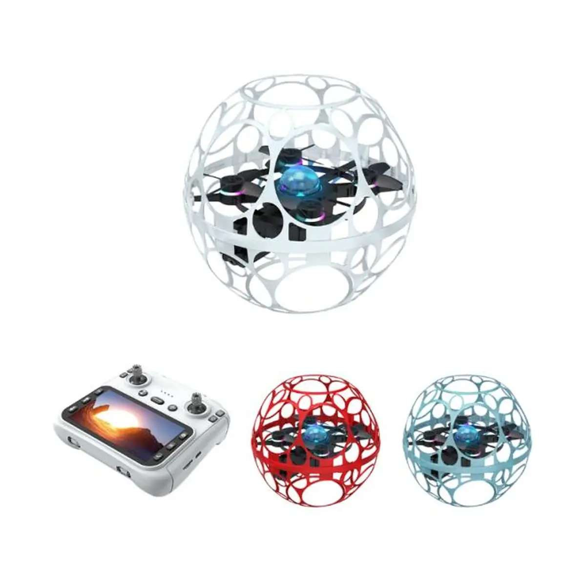 Soccer Dron Pro Max sa LCD ekranom, lopta-dron u beloj zaštitnoj mreži, ispod kontroler sa ekranom i dve druge boje