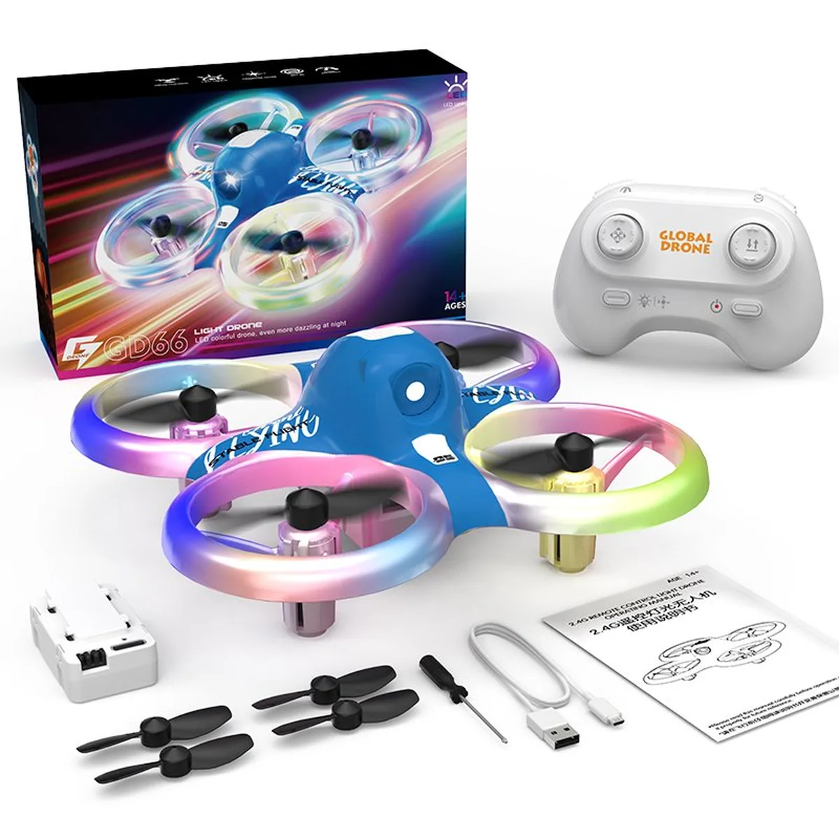 Mini Dron LED, otvorena kutija, pored nje kontroler, propeleri, kabl, odvijač i uputstvo