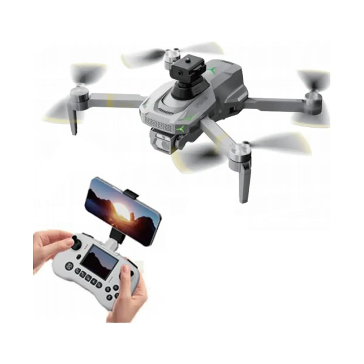 GD95 Dual Full HD sa LCD ekranom, dron u letu, ispod ruka sa kontrolerom i telefonom