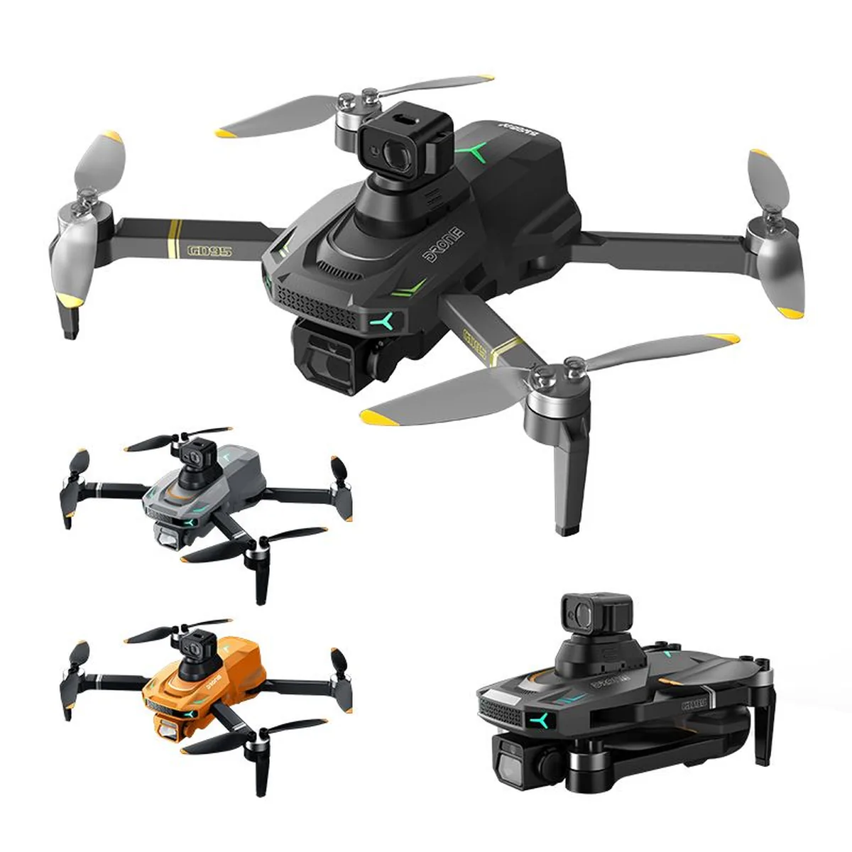 GD95 Dual Full HD sa LCD ekranom, tri boje drona i sklopljen dron na beloj podlozi